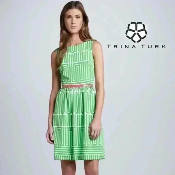 Trina Turk Green Garden Maze Dress Womens Size 8 Sleeveless - Picture 1 of 14